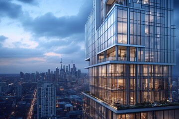 Fototapeta premium Modern Glass Skyscraper at Twilight with City Skyline