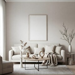 Frame mockup, ISO A paper size. Living room wall poster mockup. Interior mockup with house background. Modern interior design. 3D render