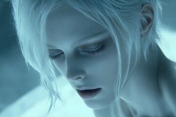 An androgynous girl with short white hair, parted lips and closed eyes. The lighting is cold with a bluish tinge. Melancholic