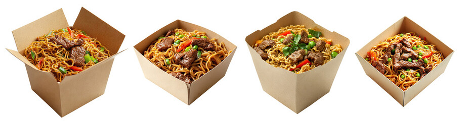 Set of takeaway noodle boxes with delicious beef and vegetables, isolated on transparent cutout background
