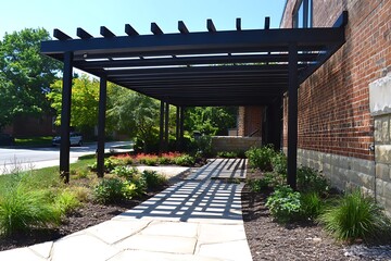 Black pergola shades brick building walkway