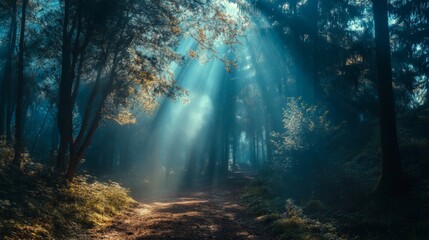 Fototapeta premium Mystical forest path with sun rays shining through the trees.