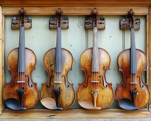 Fototapeta premium Four violins displayed on wooden wall