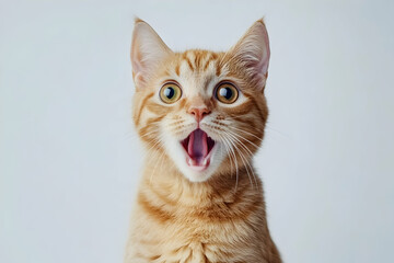Obraz premium A ginger cat with a wide-open mouth, a surprised expression, against a white background.