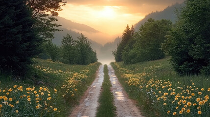 Fototapeta premium serene country road leads into misty valley, surrounded by lush greenery and blooming flowers, evoking sense of tranquility and peace