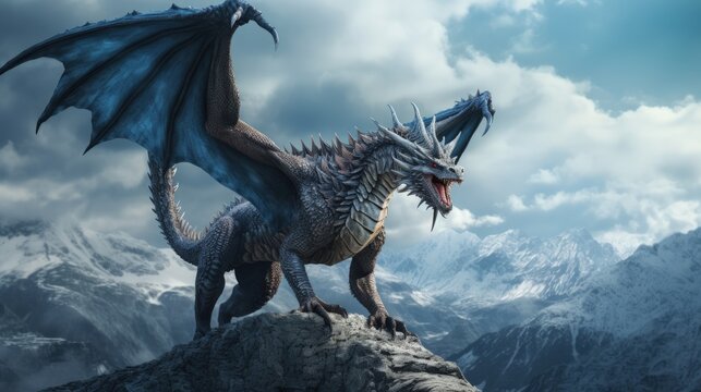Fantasy a mysterious dangerous dragon standing on stone on dramatic sky background. AI generated