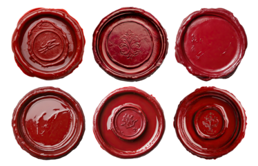 Set of vintage red wax seals with embossed patterns, isolated on transparent cutout background