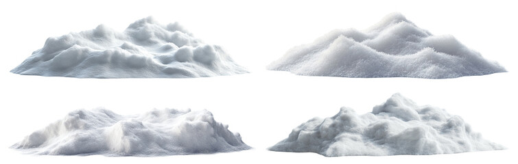 Set of fresh snow heaps with soft texture, isolated on transparent cutout background
