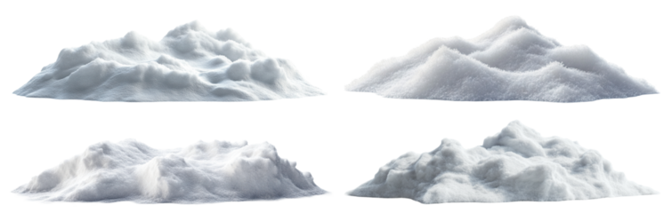 Set of fresh snow heaps with soft texture, isolated on transparent cutout background