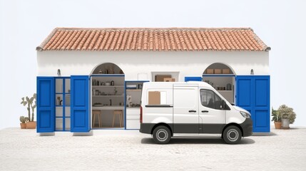 Obraz premium Courier service vehicle delivering packages in front of mediterranean coastal house providing logistics solution for business and e commerce