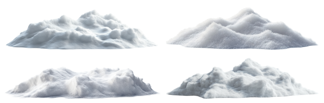 Set of fresh snow heaps with soft texture, isolated on transparent cutout background