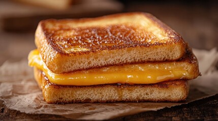 Grilled sandwich with melted cheese and crispy bread on a wooden cutting board