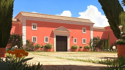 Charming mediterranean villa architecture amidst scenic landscape backdrop exudes timeless allure and architectural craftsmanship appeal in detail