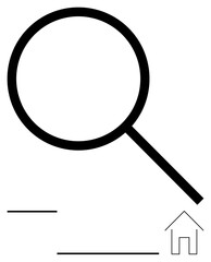 Magnifying glass overshadows a small house, lines suggesting navigation or search. Ideal for real estate, research, online searches, housing tools, exploration, discovery, minimalism abstract line