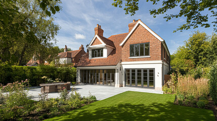 Modern house architecture, blending traditional architectural elements with contemporary design, featuring grand facade, large windows, manicured garden