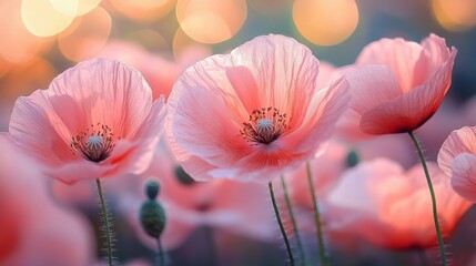 Blossoming Beauty: A close-up of delicate, vibrant pink poppies in full bloom, their petals catching the light. Capturing nature's delicate design and beauty