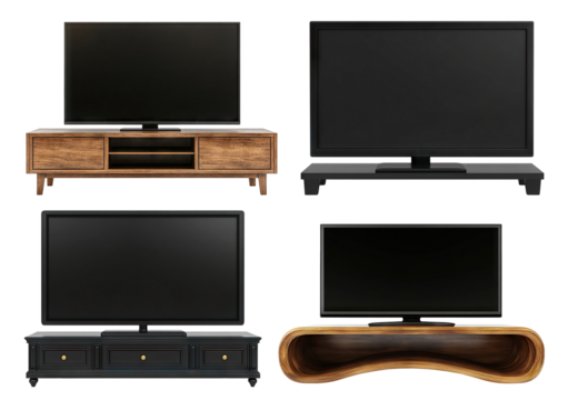 Set of modern flat-screen televisions on stylish TV stands, isolated on transparent cutout background - Powered by Adobe