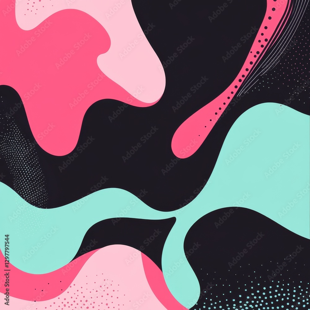 Aufkleber abstract art: pink and teal fluid shapes on dark backdrop with dotted details and flowing lines