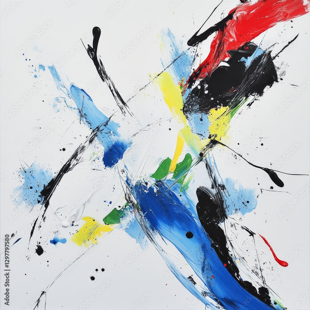 Poster Abstract Color Symphony: A Dynamic Expression of Movement and Emotion with Bold Brushstrokes on White Canvas.