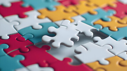 Colorful Jigsaw Puzzle Pieces with One White Piece on White Background