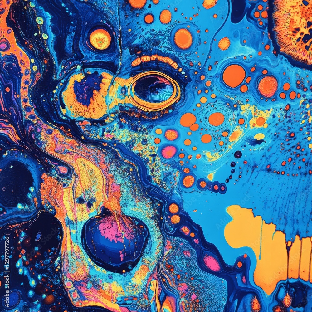 Fototapete abstract fluid art: a vibrant swirl of blue, orange, and yellow with intricate patterns and bubble-l