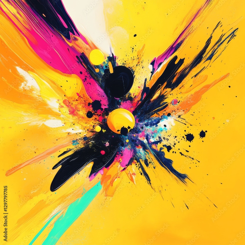 Poster Abstract Expressionism: A Vivid Explosion of Color on a Yellow Canvas, Featuring Bold Strokes and Splatters 