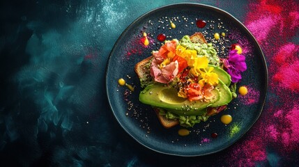 Plate of food featuring a variety of toppings including vegetables meats and sauces arranged for a visually appealing meal