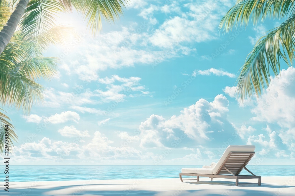 Poster Relaxing on a tropical beach with sun loungers and palm trees under a bright blue sky and fluffy clouds. Generative AI