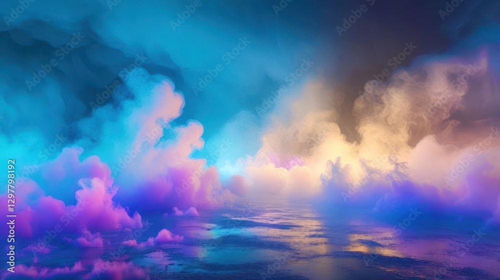 Poster blue sky with clouds and a reflection of the sky in the water