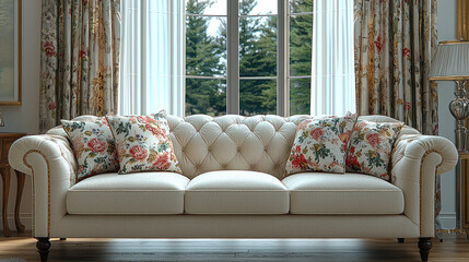 Fototapeta premium Elegant living room featuring tufted sofa with floral cushions, large windows, and natural light