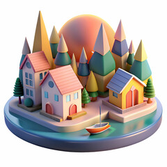 Obraz premium 3D Render of a Picturesque Village at Sunset