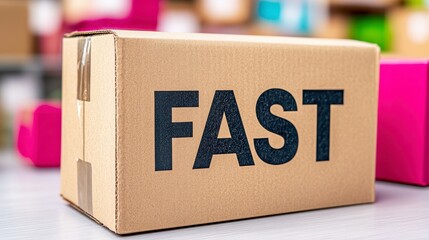 Brown Cardboard Box with Black Fast Text on Gray Surface
