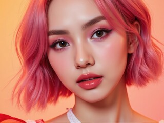 Fototapeta premium close-up shot of a model's face, featuring medium wavy pink-dyed hair, creative makeup, and glossy lips, with a seductive expression against a soft pink background.