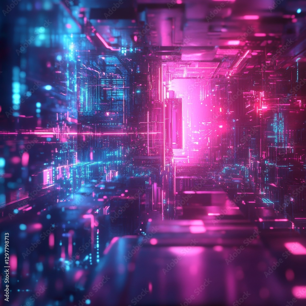 Poster futuristic neon cityscape: exploring a digital world of pink and blue illumination and intricate net