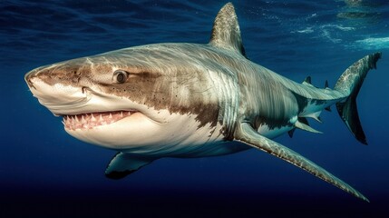 Naklejka premium A large, powerful shark swims through deep blue water, its mouth open and teeth visible.