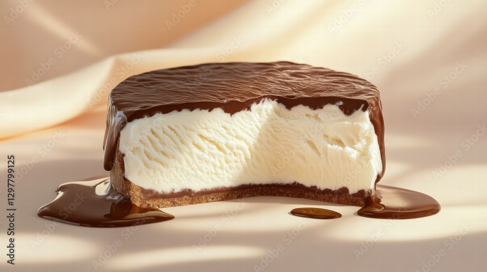 Aufkleber Creamy ice cream dessert with chocolate coating and cookie crust displayed on soft fabric backdrop. Generative AI