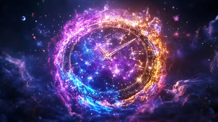 Obraz premium Fiery Clock in Cosmic Nebula