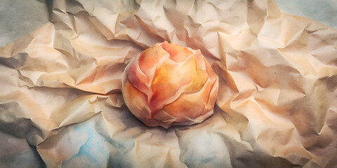 A Juicy Peach on Wrinkled Paper. A Watercolor Still Life