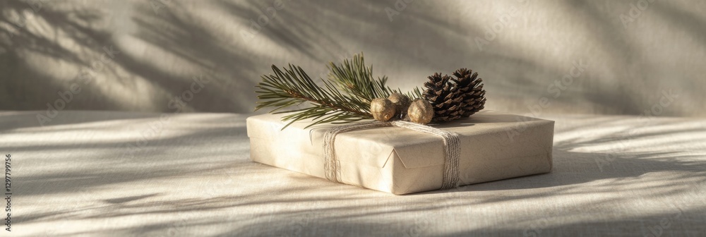 Poster holiday gift wrapped with natural elements placed on a soft surface with shadows cast by sunlight in