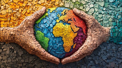 Fototapeta premium Two hands of diverse skin tones cradle a mosaic globe, symbolizing unity and environmental stewardship.
