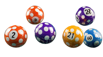 Lucky Numbers: A colorful collection of numbered bingo balls, showcasing a variety of vibrant colors and clear, bold numerals.