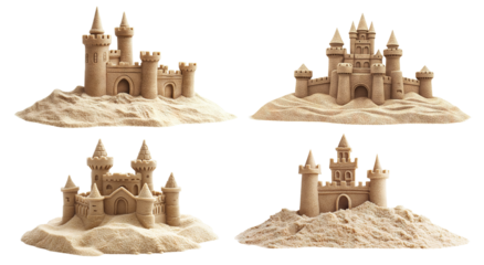 Set of sandcastles with towers, isolated on transparent cutout background