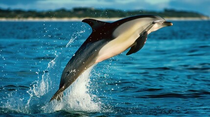 Fototapeta premium Portrait a dusky dolphin fish animal jumping up from ocean water. AI generated image