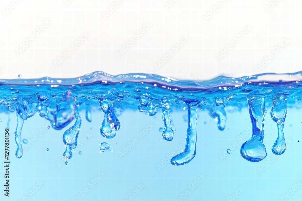 Fototapete dynamic water droplets create an enchanting display above a clear blue liquid surface. generative ai
