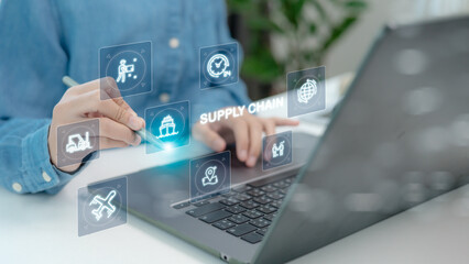 Supply Chain Management concept transportation and logistic suppliers, import export and transport industry. network distribution growth. container cargo ship and trucks of industrial cargo freight