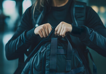 Young woman preparing for workout, unpacking backpack in a fitness center environment