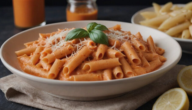 penne alla vodka with parmesan cheese in a bowl