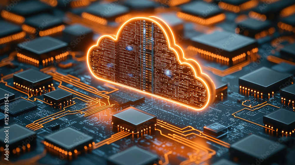 Aufkleber glowing cloud icon surrounded by circuit board elements, symbolizing technology and data storage