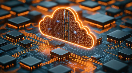 glowing cloud icon surrounded by circuit board elements, symbolizing technology and data storage