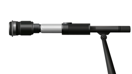 Professional Telescope on Tripod: A sleek, black telescope mounted on a sturdy tripod, meticulously engineered for precision viewing, inviting exploration and discovery.